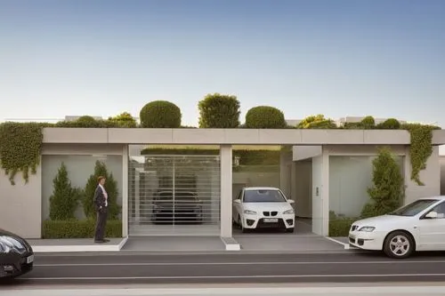 conjunto de casas modernas  mantener  volumenes y formas , en primer p`lano es calle de asfalto ,there is a car going into the garage,smart fortwo,electric charging,car showroom,carports,underground g