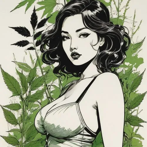 Calligraphy brush, drawing of busty girl, ink only, with mistakes, Close-up of a hemp plant with clusters of small, dark buds on green stems and leaves.,a woman is shown in the middle of a drawing,man