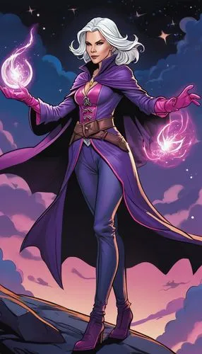 2D Comic portrait of a cartoon Charlize Theoren as a white-haired wizard in a dark purple and pink fully-covered outfit, gloves and shoulder-pads, casting spells and flying in the middle of magic worl