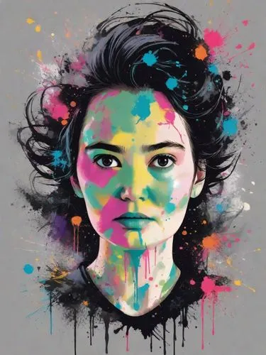 A captivating vector illustration of a woman, with a vibrant splatter paint effect.  striking eyes are highlighted by dramatic contrasts, emphasizing its regal presence and elegance. The striking desi