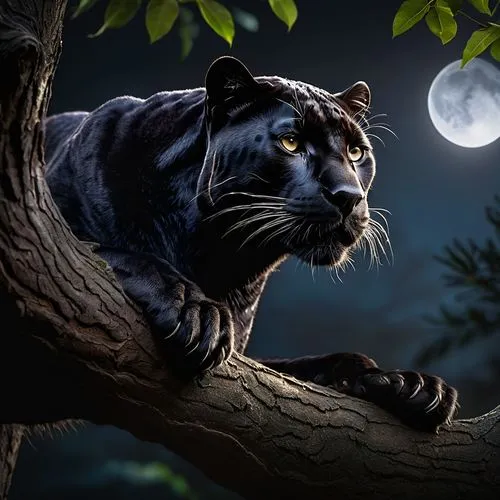 Black Panther on the tree in the dark night close up night environment moon light Cinematic hyper realistic,black jaguar on tree nch with moon and clouds,tigerstar,blue tiger,bengal tiger,world digita