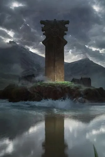 a surreal po of a building surrounded by mountains,shannara,dragonstone,the ruins of the,irminsul,isengard,fantasy landscape