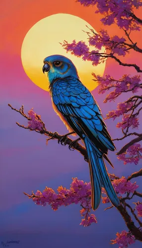 As the sun set, Phoebe perched on a branch, her wings glistening with the colors of the dusk.,bird painting,nocturnal bird,bluejay,blue bird,blue jay,night bird,hyacinth macaw,blue macaw,owl art,blue 