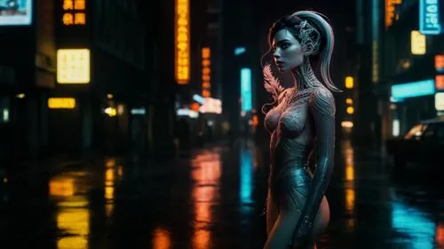 cyberpunk,neon body painting,3d figure,girl walking away,woman sculpture,metropolis,shinjuku,tokyo city,3d render,mannequin,shibuya,asuka langley soryu,b3d,tokyo,cinema 4d,bokeh,wooden mannequin,siren,woman walking,futuristic