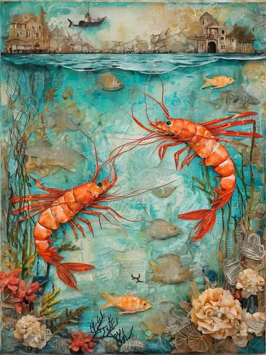 Describe a tranquil underwater scene where shrimp find harmony through justice,river prawns,ornamental shrimp,freshwater prawns,river crayfish,underwater landscape,koi pond,giant river prawns,aquacult