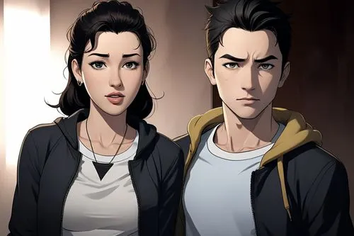 Cartoon,a couple looking at the camera with eyes closed,asami,pixton,takamio,layden,erenhot,dojima