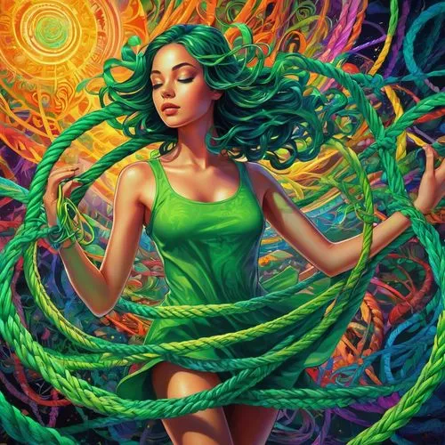 hula,medusa,matangi,medusa gorgon,colorful spiral,anahata,the enchantress,sirena,chryste,verde,viv,enchantress,beltane,lianas,patrol,green,harmonix,spiral background,lum,imperatriz,Illustration,Realistic Fantasy,Realistic Fantasy 39