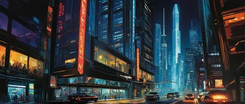 cybercity,metropolis,cityscape,shinjuku,coruscant,shanghai,cybertown,tokyo city,bladerunner,city at night,schuitema,skyscrapers,kowloon,schuiten,cyberpunk,city highway,the city,guangzhou,polara,evening city,Conceptual Art,Oil color,Oil Color 04