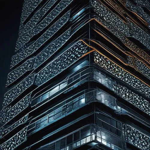 Modern skyscraper, urban landscape, architectural wire mesh exterior, geometric pattern, metallic silver material, reflective surface, city lights reflection, nighttime scene, low-angle shot, dramatic