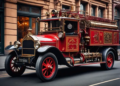 Steam-powered exotic fire truck on a street in the Victorian era
,fire apparatus,fire pump,fire engine,fire brigade,delage d8-120,fire truck,rolls royce 1926,firetruck,fire service,daimler majestic ma