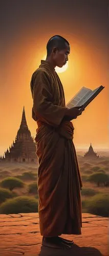 In a surreal landscape, Bagan city, learning from book, male, the brushstrokes of a monk in the style of feminin portrait capture the essence of a young monk in the style of pastel, golden light, and 