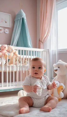 Cute baby, lying down, diaper change scene, tender hands, soft toys nearby, pastel colored nursery, crib in background, white curtains, gentle lighting, innocent facial expression, soft focus, shallow