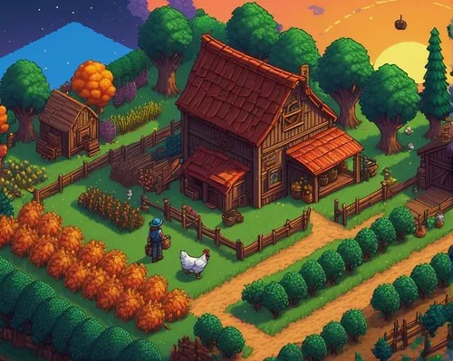 fantasy landscape, Stardew Valley, solar essence, glowing object, held by character, farmer outfit, pixel art style, vibrant colors, farming tools, crops, barn, animals, chickens, cows, pixelated tree