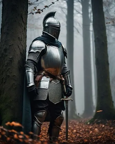 A sad knight, solo, handsome male, melancholic facial expression, silver armor, broken helmet, worn-out cape, holding a sword, standing alone, misty forest, ancient trees, foggy atmosphere, dramatic l