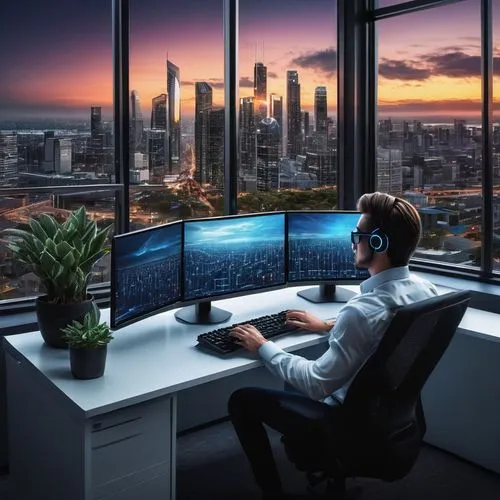 Data Architecture, futuristic cityscape, skyscraper, steel and glass building, modern office interior, rows of computer servers, blinking lights, wires, circuits, futuristic machines, holographic scre