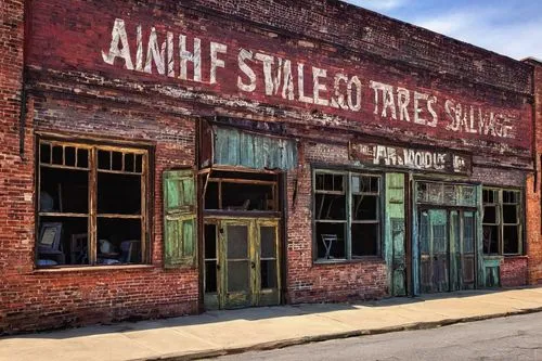 Abandoned architectural salvage store, Nashville TN, worn brick exterior, rusty metal roof, old wooden sign, faded lettering, vintage industrial windows, reclaimed wood shelves, eclectic mix of antiqu