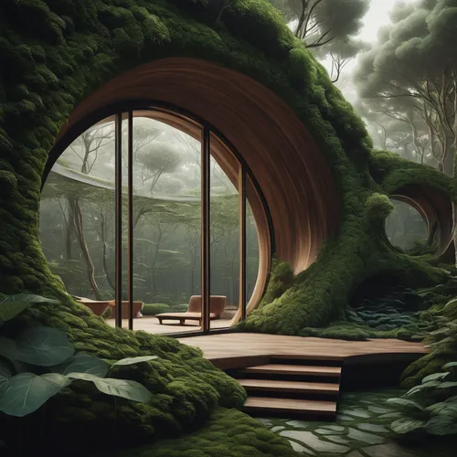 An architecture inspired by natural forms and organic structures, blends with its surroundings. Biomimicry, sustainable materials. High Quality, Rich details, Ultra realistic, 16K.,hobbiton,house in t