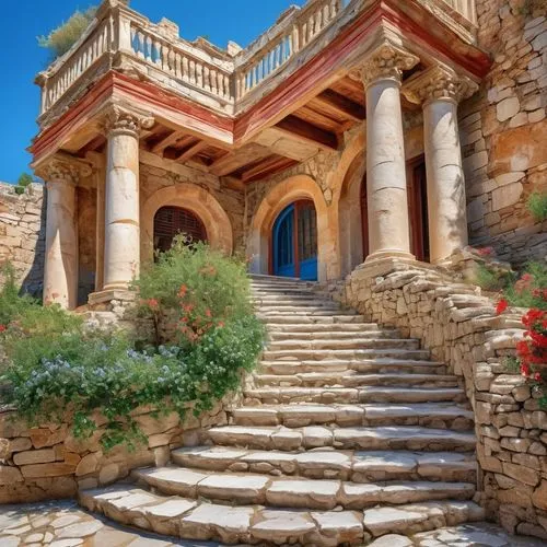 Ancient Minoan palace, grand stone columns, intricate frescoes, vibrant red and blue colors, curved staircases, majestic entrance, imposing stone walls, lush greenery surrounding, sunny Crete, 3/4 com