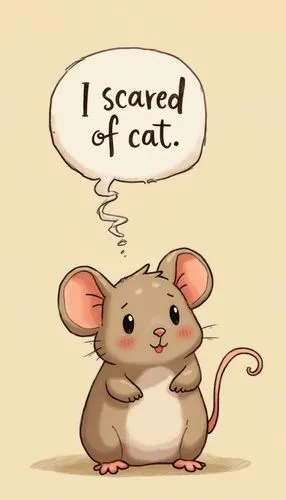 A cute mouse. A speech bubble of lettering floating above its head says, "I scared of cat",A cute mouse. A speech bubble of lettering floating above its head says, "I scared of cat",mousepox,mouse,rat