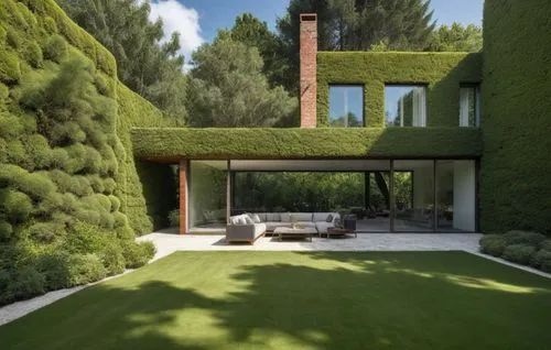 Landscape with rounded forms natural texture of the moss and tall trees of a house in the countryside next to an eclectic contemporary brick house.,there is a large house with lots of windows,landscap