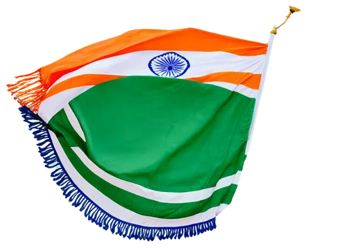 Tri-colour Indian National Flag, horizontal tricolour design, saffron colour at top, white in middle, green at bottom, blue chakra (Ashoka wheel) in centre, detailed embroidery, waving in wind, close-