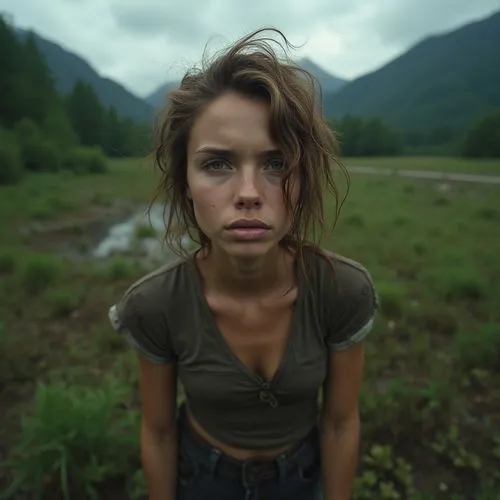 girl in t-shirt,meadow,young woman,in the rain,scodelario,young girl,Photography,Documentary Photography,Documentary Photography 11