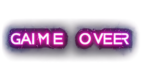 "Game Over, sound effect, neon lights, dark background, pixel art, retro style, bold font, broken screen, shattered glass, sparks flying, smoke rising, dramatic lighting, low-angle shot, cinematic com