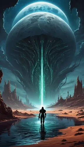 gravemind,alien world,alien planet,sci fiction illustration,enceladus,bioluminescent,xeno,panspermia,oxenhorn,auroral,samuil,venusian,bioluminescence,gargantua,metavolcanic,uzala,meteor,mahavatar,tartarus,vortex,Illustration,Realistic Fantasy,Realistic Fantasy 46