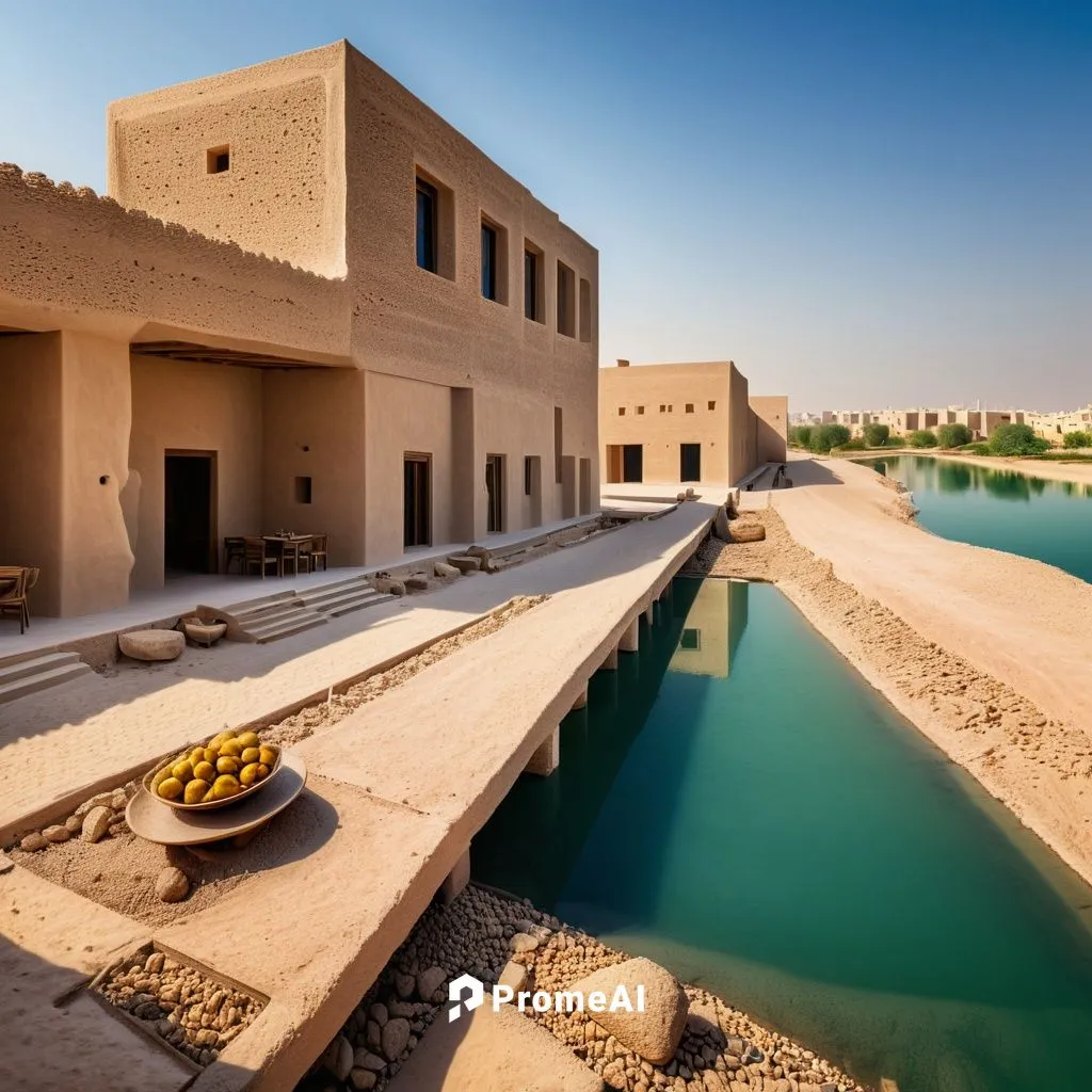 Food and beverages blocks arrayed on shaded pathway with modern twist caravanserai, david chipperfield architecture, mud rendered buildings, emirati, scattered, overlooking lake,there is a bowl with b