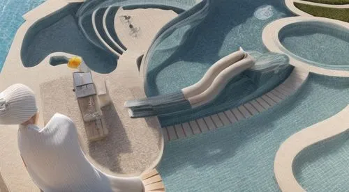 a young lady sitting by the pool , with a drink on a summer day,a view from the top of a pool in a resort with sunbathers, lounge chairs, and water features,waterslides,therme,underwater playground,wa