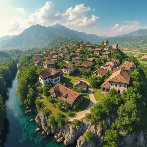 escher village,alpine village,bosnia,mountain village,konjic,knight village