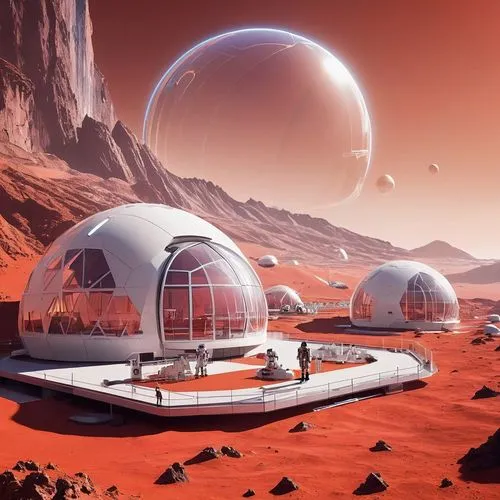 Futuristic Mars colony, architectural design, habitat dome, transparent aluminum framework, self-sustaining ecosystem, solar panels, wind turbines, sleek metallic surfaces, geometric patterns, neon li