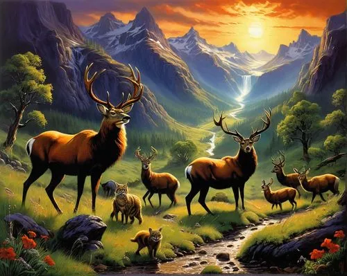 elk,wapiti,huemul,caribou,hunting scene,deer illustration,Illustration,Realistic Fantasy,Realistic Fantasy 32