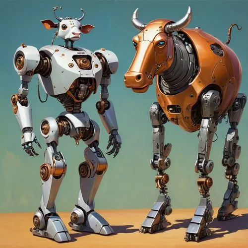 tea party, multiple robots, female robot, robot body, copper skin, anthropomorphic cow, female cow , cow face, cow tail, visible metal head, visible mechanisms, circuitry, robot joints, robot neck, sm