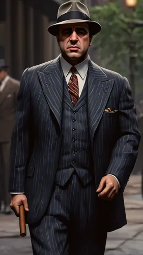 Close up shot of Al Capone as Robert De Niro from The Intouchables movie, in the New York of 50's, noir style, detailed, realistic, trending on ArtStation. Body: Stocky, wearing a tailored pinstripe s