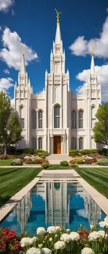 LDS temple, Utah style, white stone walls, intricate carvings, grand entrance, tall spires, stained glass windows, symmetrical facade, well-manicured lawn, blooming flowers, sunny day, blue sky, fluff