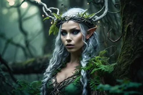 Elf Druid, mystical, ancient forest, misty morning, silver hair, braided with vines, green eyes, glowing markings on cheeks, leafy garb, intricate wooden crown, staff made of living tree branch, delic