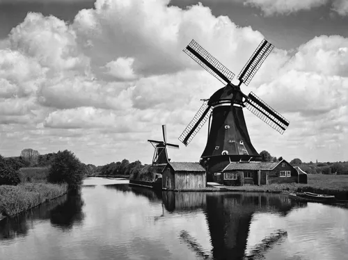 Photo wallpaper the sky, clouds, clouds, river, cloud, channel, mill, Netherlands,dutch windmill,dutch mill,kinderdijk,dutch landscape,holland,windmill,historic windmill,the netherlands,the windmills,