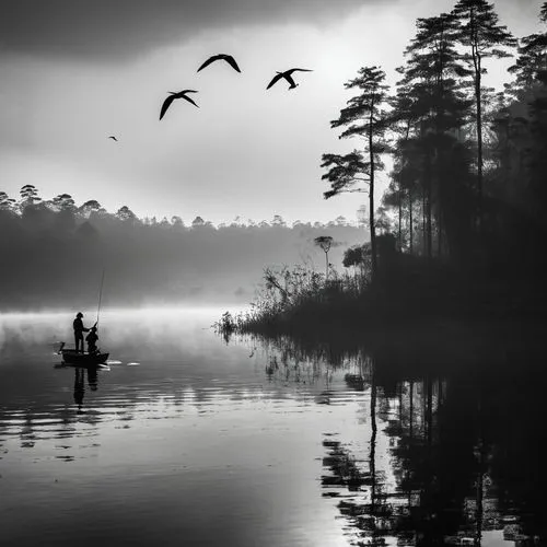 reelfoot,floating over lake,fishermen,bayou,fisherman,olustee,alligator lake,fishermens,lowcountry,atchafalaya,backwater,people fishing,canoeing,calmness,backwaters,okefenokee,forest lake,boat landscape,swamps,migratory birds,Illustration,Black and White,Black and White 33