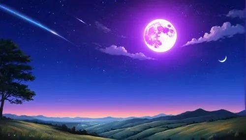 purpulish sky with full moon and stars,a full view of a landscape that is very nice,moon and star background,purple moon,starclan,purple landscape,moon and star,unicorn background