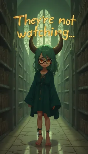 A girl walks. Gold lettering above her glows and fades.,a cartoon woman wearing a green dress with horns and glasses,librarians,librarian,chihiro,librarything,a warning,libraries