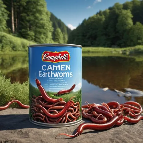 Opening another perferbal "Can of Worms"

A hyper photorealistic 3D image in 300dpi and 8K resolution of a person fishing by a calm, serene lake. Beside them is an open can of Campbell's labeled 'Can 