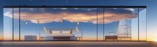 vitrina realista de exposicion, con nubes en el techo y estrellas colgantes 
,sky apartment,cloud shape frame,four poster,bedrooms,sleeping room,mirror house,bedroom window,sky space concept,bedroom,h