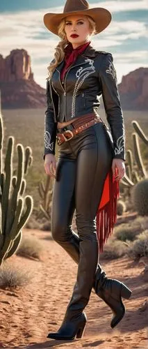 Cowgirl, latex costume, blonde hair, ponytail, blue eyes, bold eyeliner, glossy red lips, cowboy hat, leather boots, fringe jacket, tight-fitting latex pants, lasso rope, horseback riding, western lan