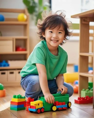 Colorful kindergarten, playful kid, (4-6yo), curious eyes, bright smile, messy hair, casual wear, holding crayon, standing, colorful blocks, toy cars, balls, building bricks, learning atmosphere, natu