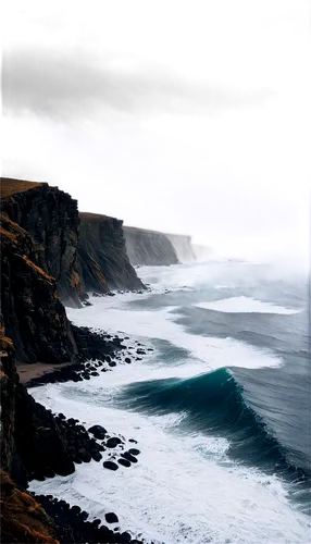 Turbulent sea, massive stormy waves, dark blue ocean, lightning in background, powerful wind blowing, rugged rocks on shore, dramatic clouds, misty atmosphere, 3/4 composition, high contrast lighting,