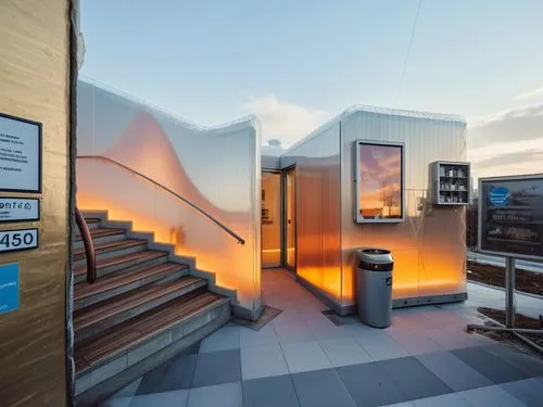 REMODELACION DE UNA PLAZA COMERCIAL, CON ARQUITECTURA NOVEDOSA,some stairs leading up to a window in the center of the building,electrohome,cryotherapy,cubic house,cube house,shelterbox,magnetic reson