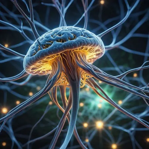 An intricately interconnected network of luminescent neurons glows with pulsating energy, each node emitting a soft, ethereal light. This mesmerizing neural network, captured in a highly realistic dig