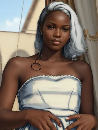 simple drawing of an African girl with black hair in a dress near a window,painting of a woman wearing a dress and necklace,ororo,teferi,danai,maliana,liara,obatala,Photography,General,Realistic