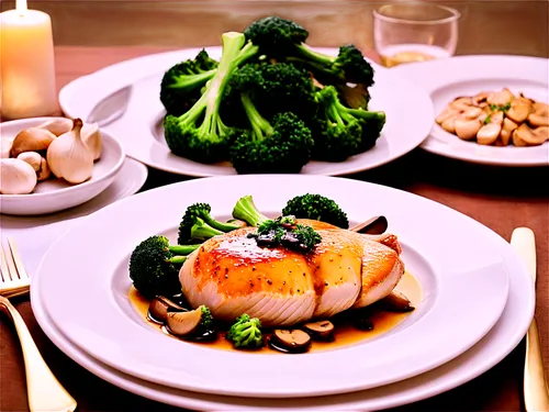 Delicious dinner plate, Western-style cuisine, roasted chicken breast, golden-brown skin, steamed broccoli, sautéed mushrooms, garlic butter sauce, white porcelain plate, elegant table setting, soft c